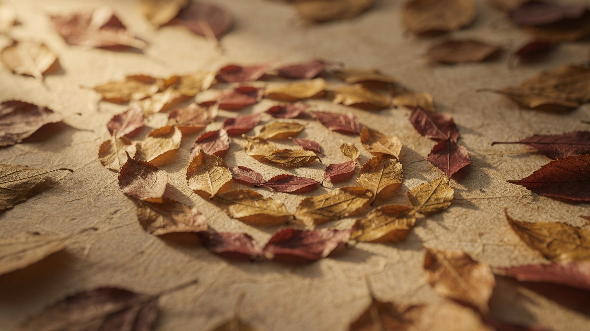 Scattered leaves arranging into an orderly spiral, illustrating the principle of bringing order out of chaos