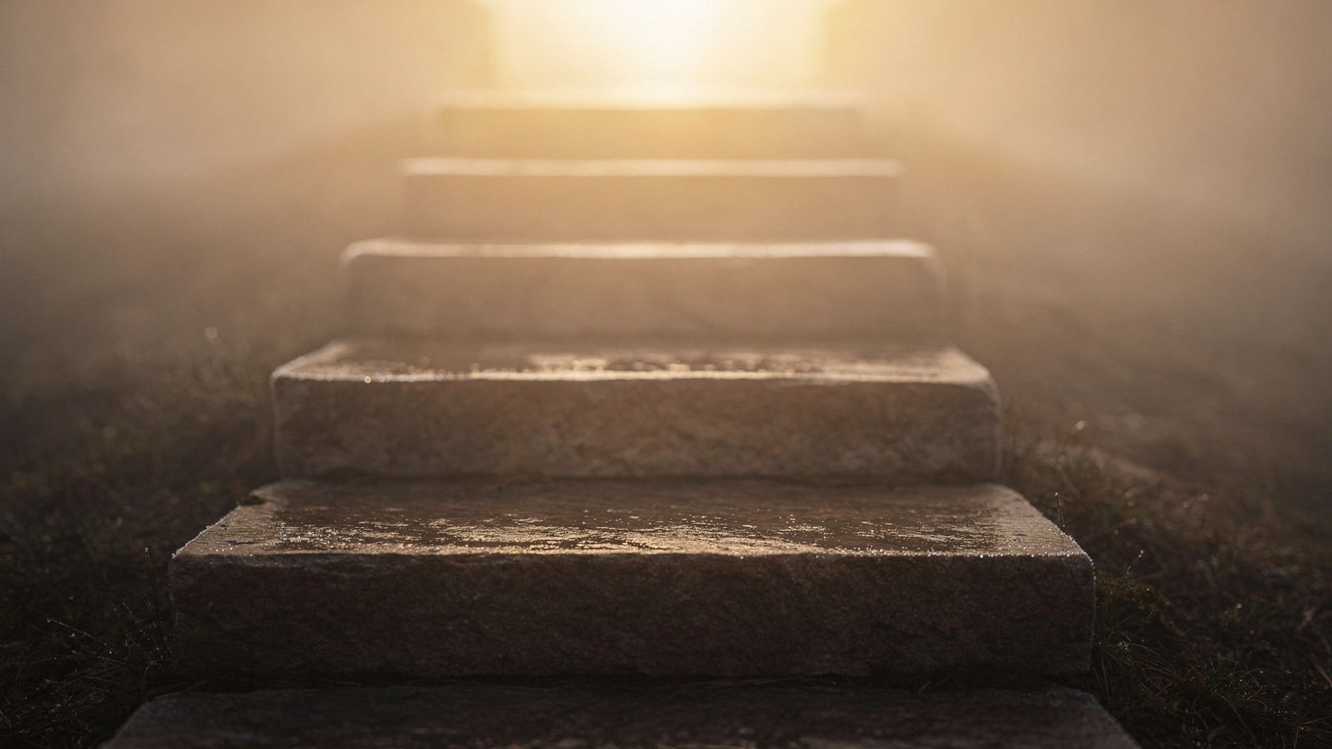 Three ascending stone steps emerging from clearing mist, symbolizing the three barriers to study and the clarity that follows handling them