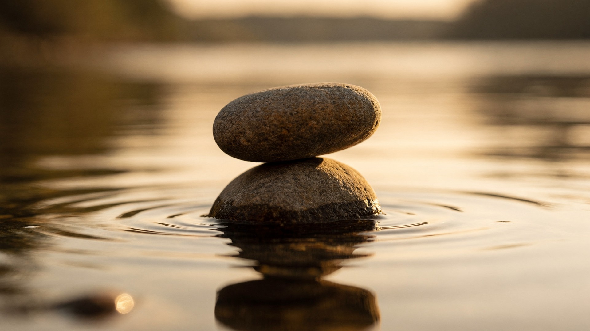 Two balanced river stones in calm golden-hour water, symbolizing the harmony of the Two Rules for Happy Living